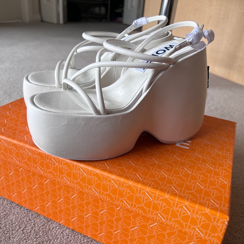 New Naked Wolfe White Mystery Platform Leather Wedges Sandal (out of print)